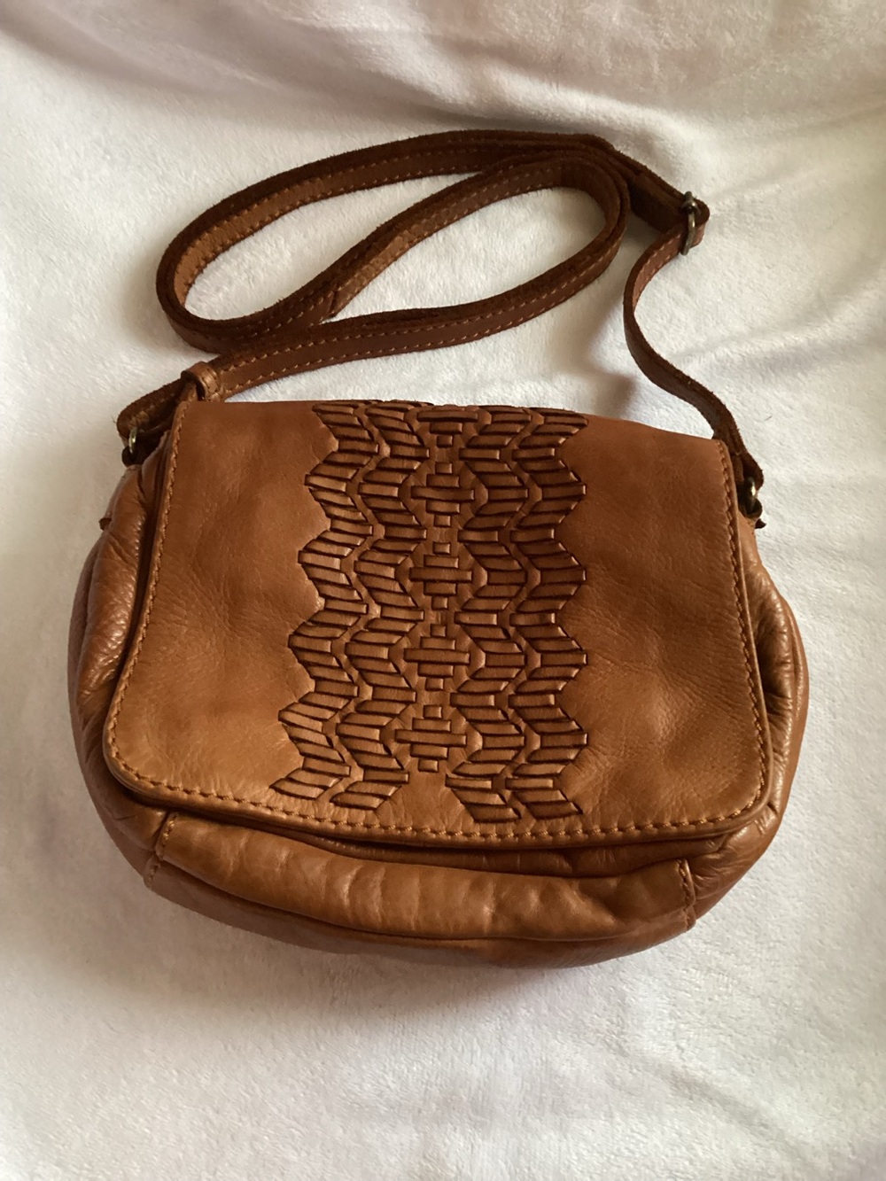 Genuine leather crossbody purse.